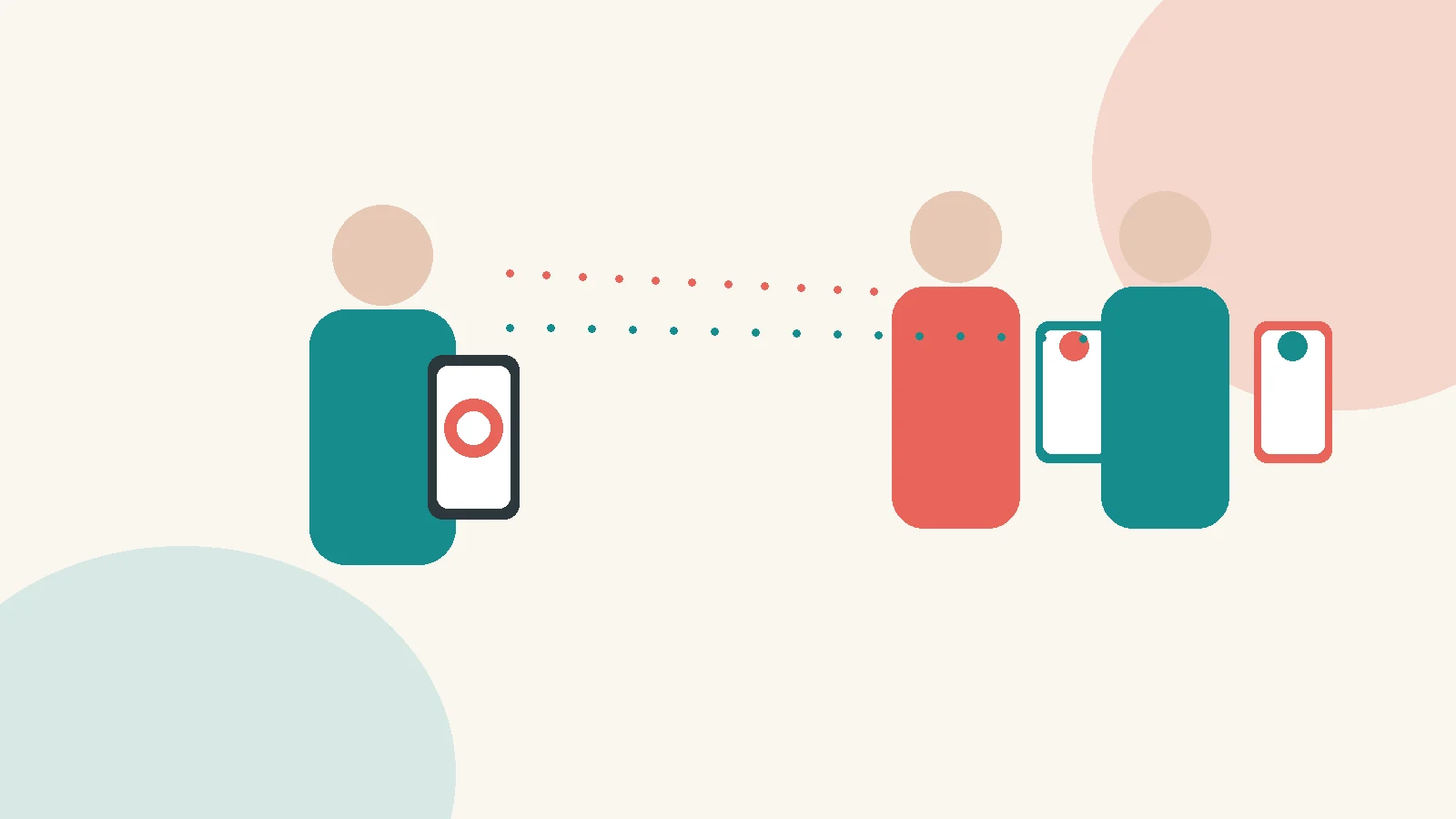 Flat-vector illustration of a parent and child sitting side by side with phones; the child's phone shows a prominent hold-to-send SOS control, the parent's phone shows an incoming alert with a map pin — faceless figures, no readable UI text.