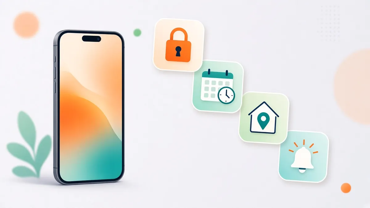 A phone beside icons for a padlock, a calendar with a clock, a home pin and an alert bell, representing privacy, schedules, places and SOS.