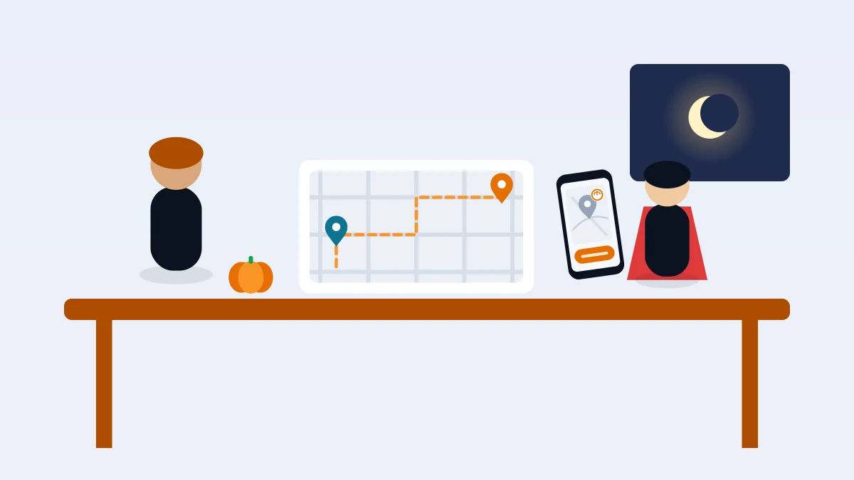 Flat-vector illustration of a parent and a child in a costume at a kitchen table with a phone, a neighborhood map with a dashed route and a pumpkin, faceless figures, no readable text.