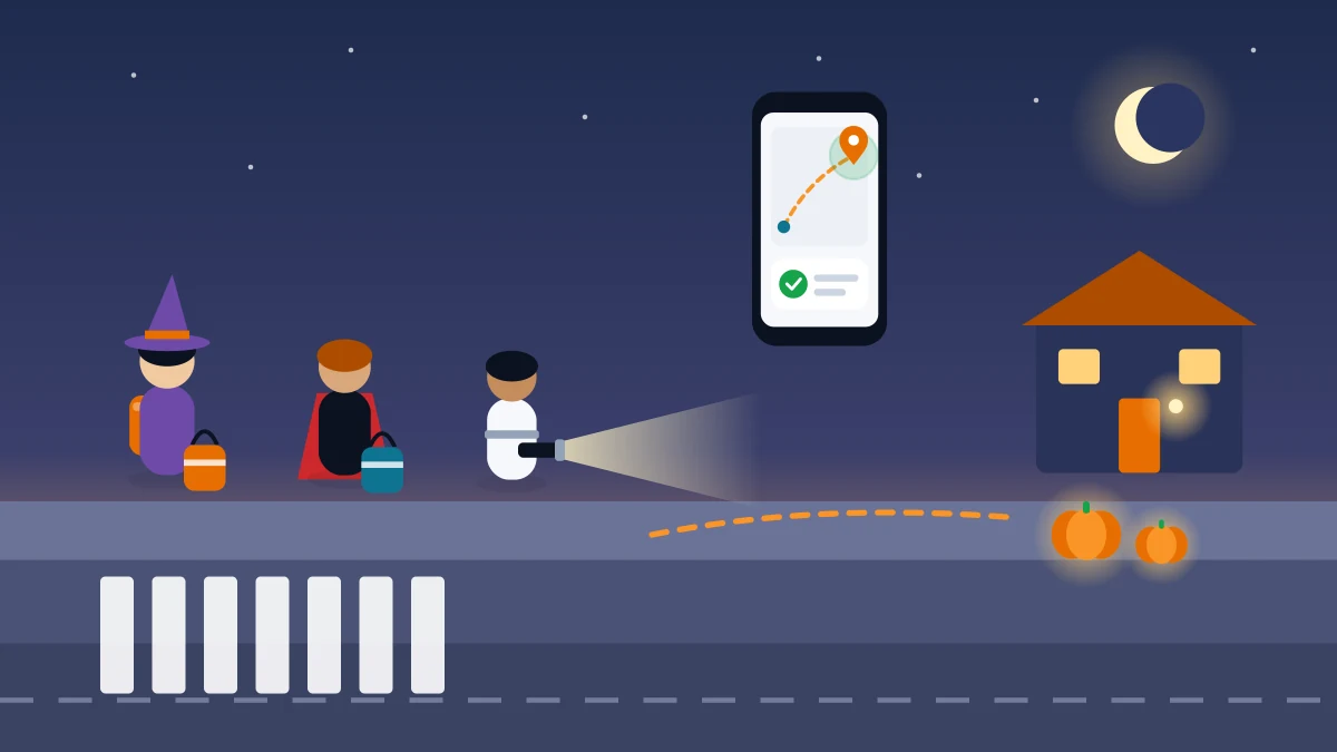 Flat-vector illustration of three costumed kids with treat bags and a flashlight on an evening sidewalk beside a crosswalk, a dashed route leading to a porch-lit house with pumpkins, and a parent's phone showing a calm arrival check, faceless figures, no readable text.