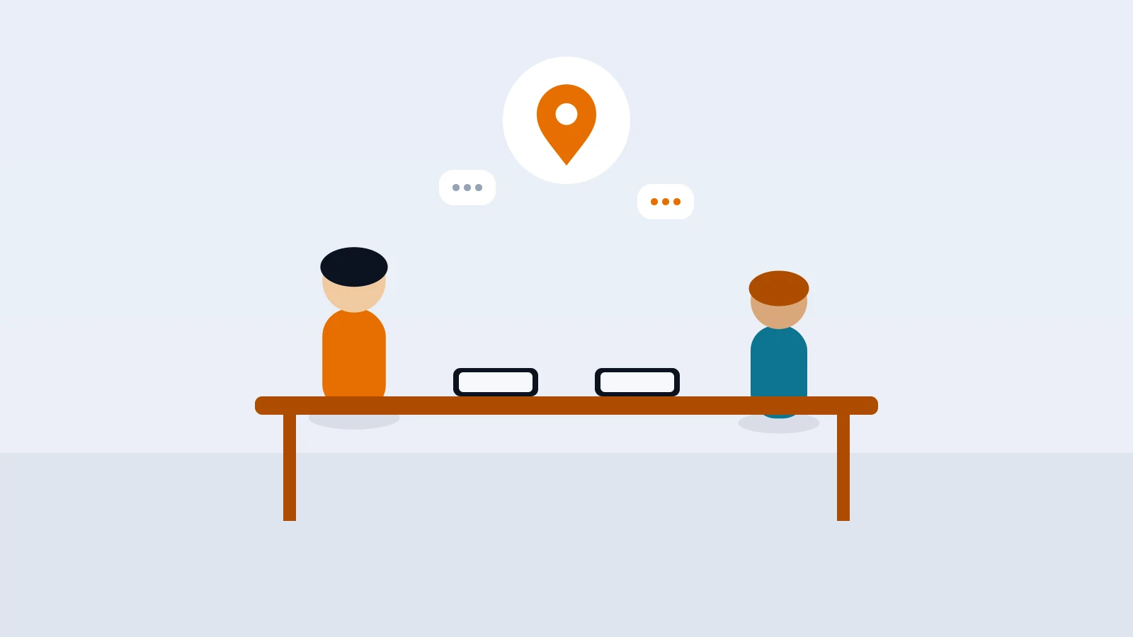 Flat-vector illustration of a parent and a teen sitting at a kitchen table with phones face up between them, calm body language and a soft location pin icon, faceless figures, no readable text.