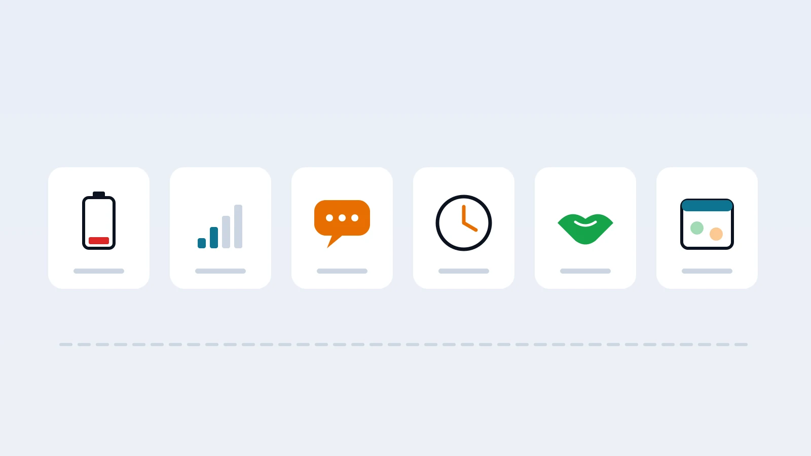 Checklist-style flat-vector scene: six simple icons in a calm row, a low battery, a signal bar, a speech bubble, a clock, a handshake and a calendar with zones, soft shapes, faceless, no readable text.