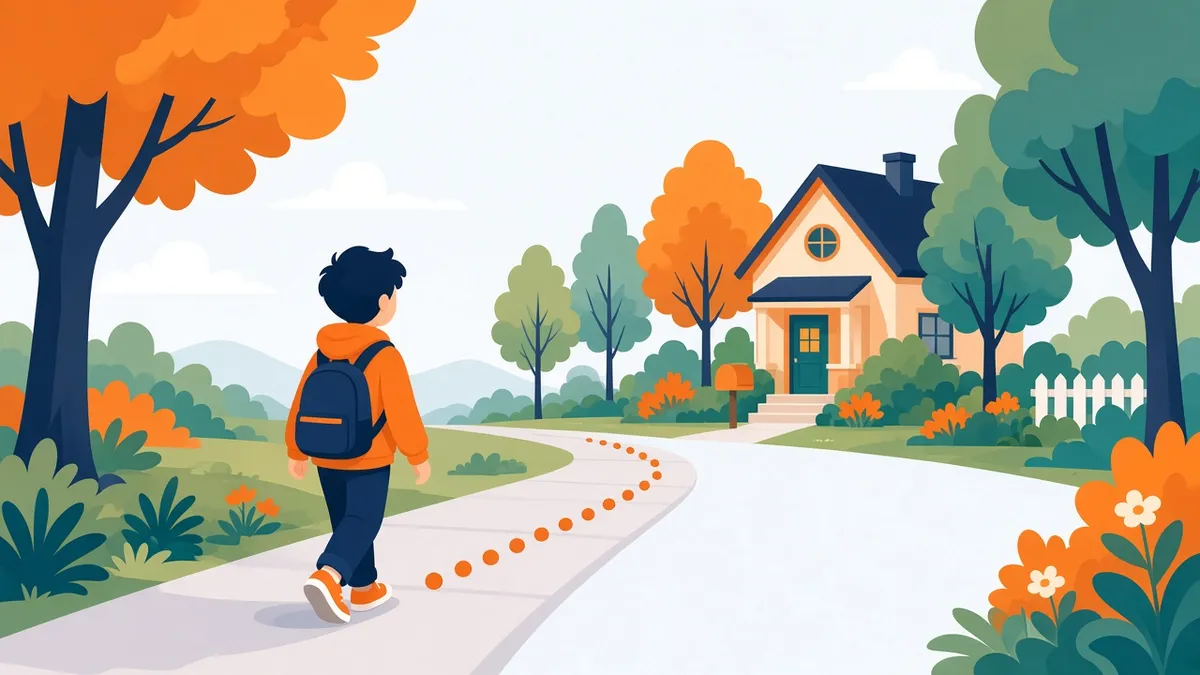 A child with a backpack walking alone along a quiet sidewalk, following a dotted route line to a nearby house.