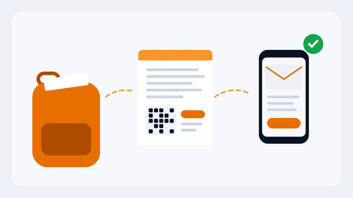 Flat-vector illustration of a school backpack, a printed family letter with abstract code blocks, and a parent phone showing an email with a green check — connected by dashed lines, no readable text.