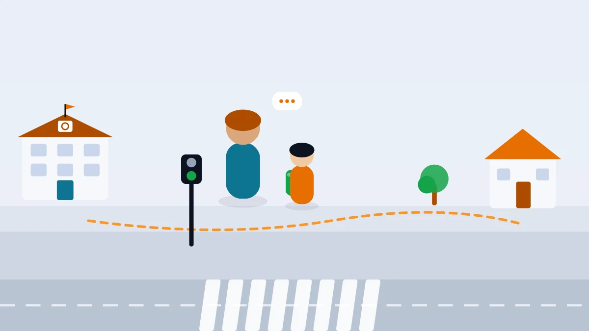 Flat-vector illustration of a parent and child walking side by side on a sidewalk toward a crosswalk, with a dashed route line running from a school building to a house, faceless figures, no readable text.