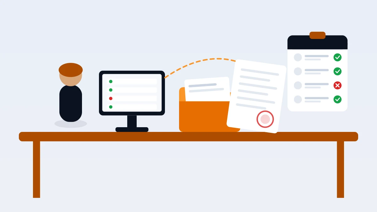 Flat-vector illustration of a school office desk with a folder of documents, a stamped paper and a pickup list showing two green checks and one red cross, beside a staff member at a computer, faceless figures, no readable text.