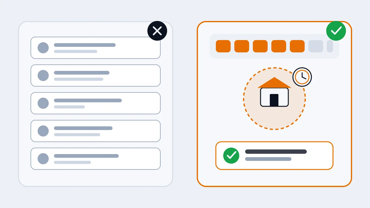 Side-by-side illustration: on the left, a long stack of identical gray notifications crossed out; on the right, a weekday calendar, a school zone with a clock badge and a single green check-mark alert.