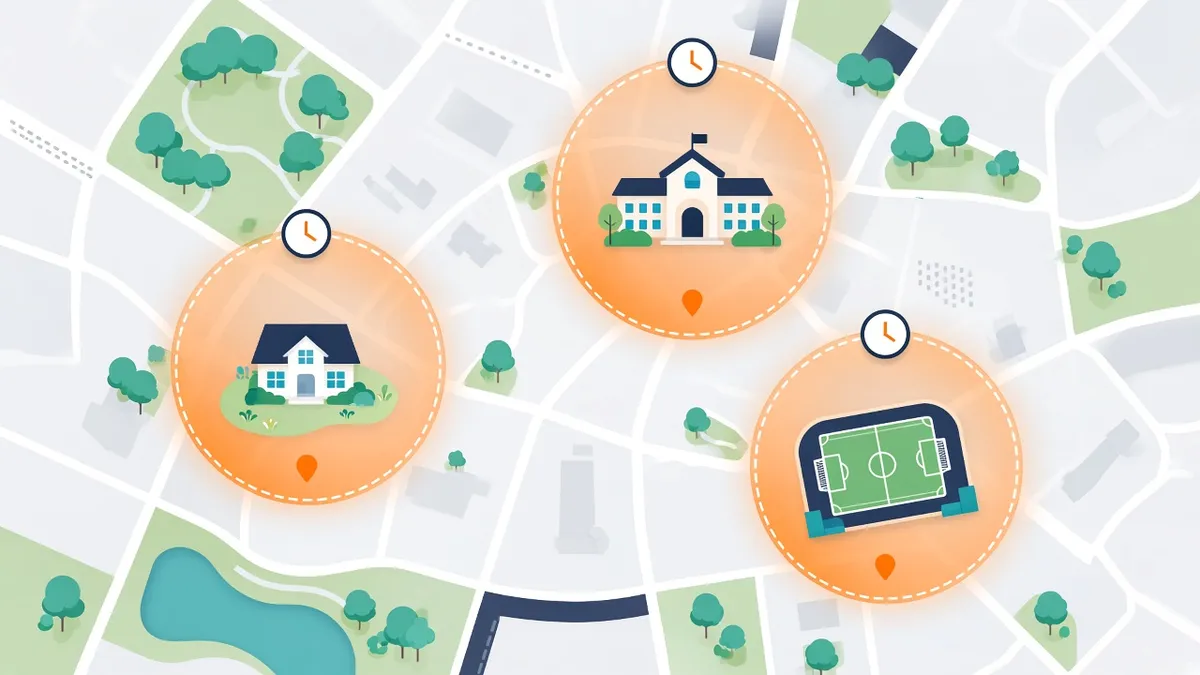 A simple map with circled places for home, school and a sports field, each with a small clock, instead of a continuous tracking line.