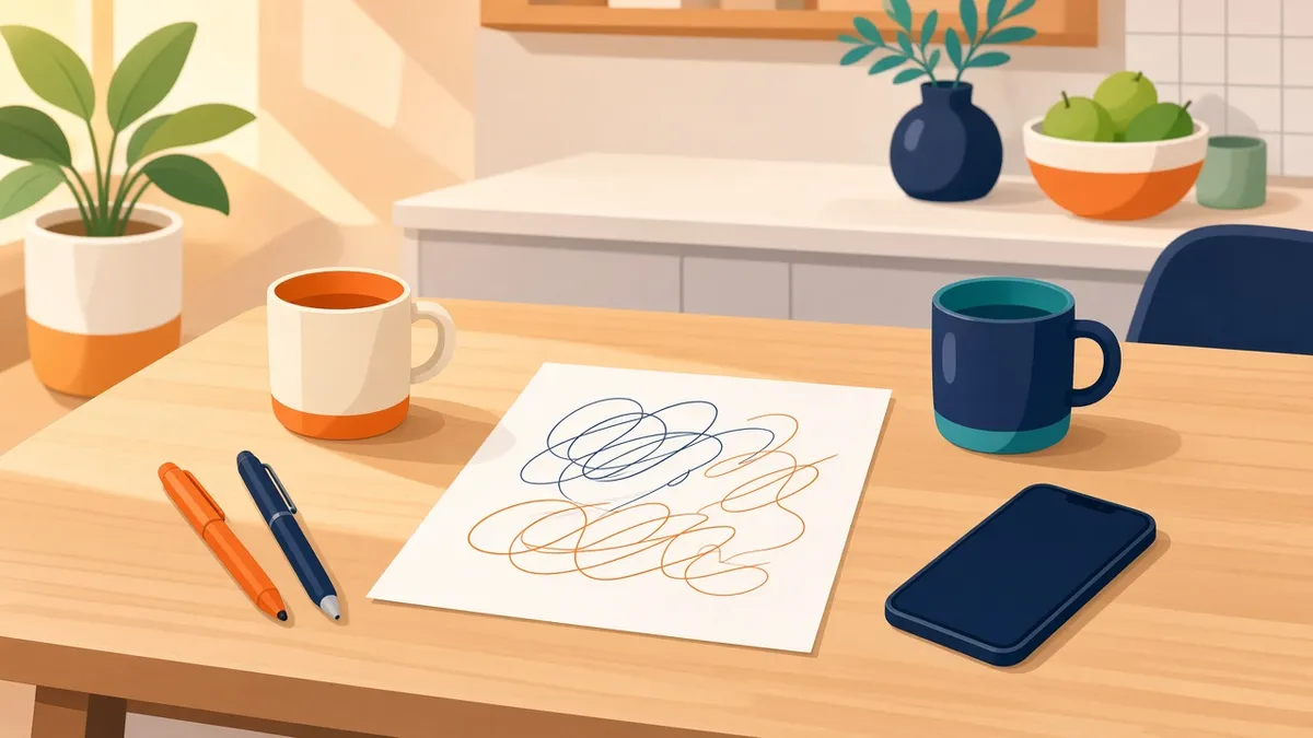 A family agreement sheet on a kitchen table with two pens, two mugs and a phone.